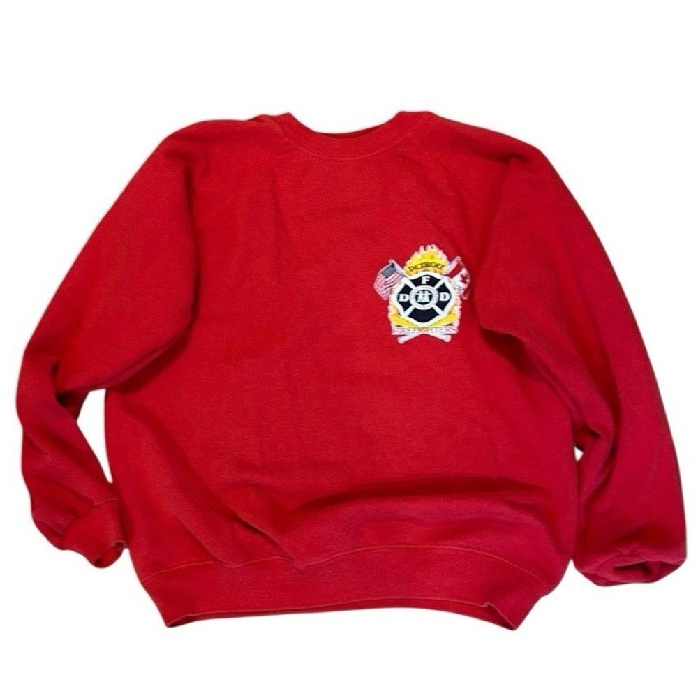 Vtg‎ 80s Detroit Firefighters Hanes Tag USA Canada Flag Burn Center sweatshirt L